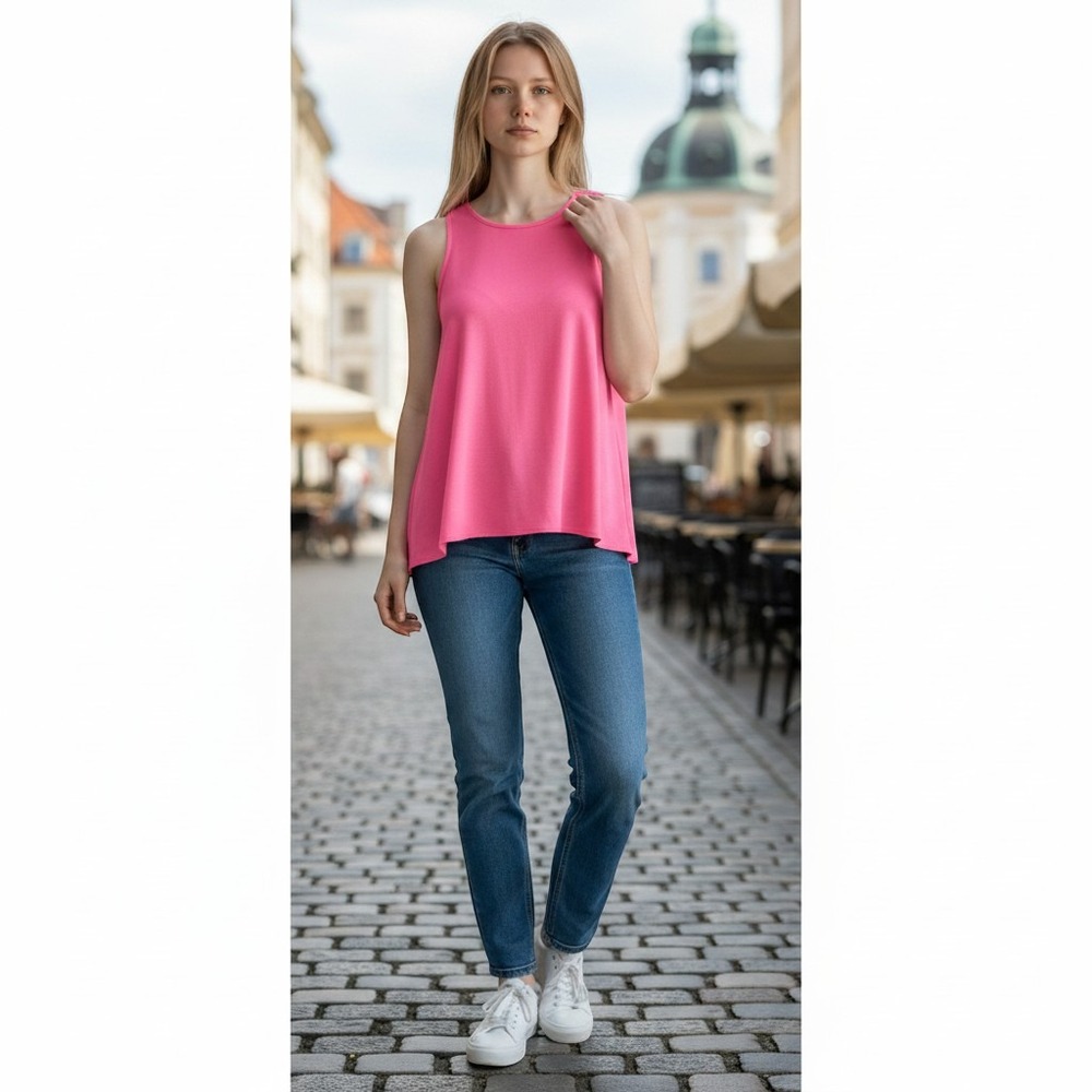 Karlie Neon Pink‎ High Neck Sleeveless Keyhole Back Blouse Top Medium / #26407